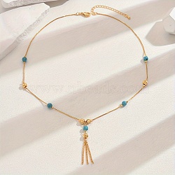 Fashionable Real 18K Gold Plated Brass Tassel Pendant Box Chain Necklaces for Women, Deep Sky Blue, 18.90 inch(48cm)(XU0718-2)