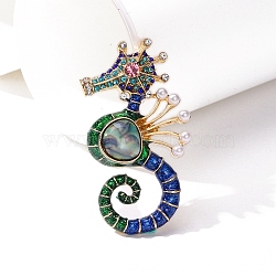 Alloy Rhinestone Brooch for Backpack Clothes, Sea Horse, Golden, 58x31mm(PW-WG9E9F3-01)