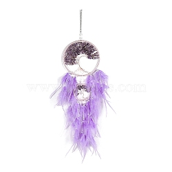 Retro Style Iron & Natural Amethyst Pendant Hanging Decoration, Woven Net/Web with Feather Wall Hanging Wall Decor, 160mm(PW-WG38430-05)
