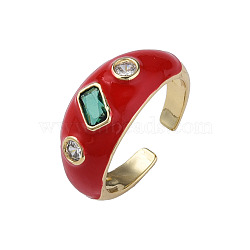 Cubic Zirconia Open Cuff Ring with Enamel, Real 18K Gold Plated Brass Jewelry for Women, Nickel Free, Dark Red, US Size 6 3/4(17.1mm)(RJEW-N035-128D)