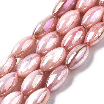 Freshwater Shell Beads Strands, AB Color Plated, Dyed, Rice, Light Coral, 7~8x4mm, Hole: 0.9mm, about 50~52pcs/strand, 14.57 inch~15.35 inch(37~39cm)