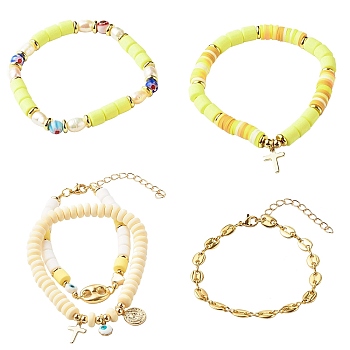 5Pcs 5 Style Handmade Polymer Clay Stretch & Brass Beaded & Alloy Link Chain Bracelets Set, with Millefiori Glass Beads and Pearl Beads, Brass Charm, Cross & Evil Eye, Light Yellow, Inner Diameter: 2.09 inch(53mm)~2-5/8 inch(6.8cm), 5Pcs/set