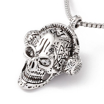 Alloy Skull with Headset Pendant Necklace with 201 Stainless Steel Box Chains, Gothic Jewelry for Men Women, Antique Silver & Stainless Steel Color, 23.62 inch(60cm)