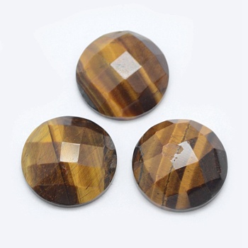Natural Tiger Eye Cabochons, Flat Round, Faceted, 20.5x6mm