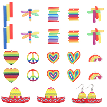 CHGCRAFT 22Pcs 11 Styles Rainbow Color Printed Acrylic Pendants, Heart/Sombrero/Peace Sign/Rectangle/Dragonfly/Rainbow Charm, Mixed Color, 24~54x27~49.5x2~2.5mm, Hole: 1.5~1.6mm, 2pcs/style