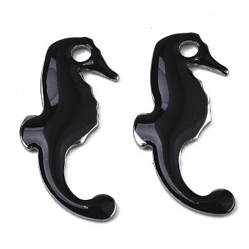 201 Stainless Steel Enamel Charms, Sea Horse, Stainless Steel Color, Black, 15x7x1mm, Hole: 1.2mm