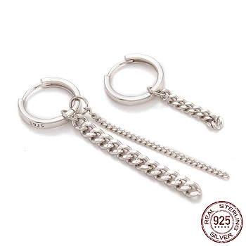 Rhodium Plated 925 Sterling Silver Huggie Hoop Earrings, Asymmetrical Earrings, with Curb Chains, Platinum, 29~45mm, Pin: 0.7mm