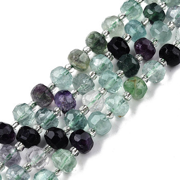 Natural Fluorite Beads Strands, with Seed Beads, Faceted, Rondelle, 8x6mm, Hole: 1mm, about 20~22pcs/strand, 7.09 inch(18cm)