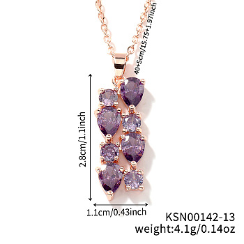 Brass Cubic Zirconia Long Tassel Pendant Necklaces for Fashionable Statement Style, Rose Gold, Purple, 15.75 inch(40cm)