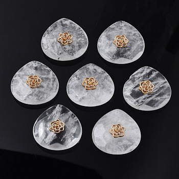Natural Quartz Crystal Pendant Rhinestone Settings, Rock Crystal, with Light Gold Plated Flower Brass Findings, Faceted, Teardrop, Fit for 1.4mm Rhinestone, 28x28x9~20mm, Hole: 1.2~1.5mm