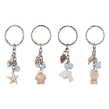 Synthetic Turquoise & Shell Pendant Keychain, with Iron Split Key Rings, Starfish/Sea Turtle/Fish/Dolphin, 7~7.6cm