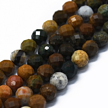 Natural Ocean Agate/Ocean Jasper Beads Strands, Faceted(64 Facets), Round, 6mm, Hole: 0.8mm, about 62~67pcs/strand, 15.16~15.55 inch(38.5~39.5cm)