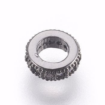 Brass Micro Pave Cubic Zirconia Beads, Lead Free & Cadmium Free, Flat Round, Clear, Gunmetal, 6x2mm, Hole: 3mm