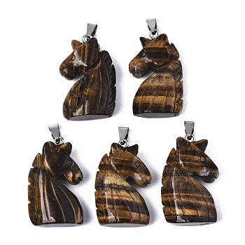 Carved Natural Tiger Eye Pendants, with Stainless Steel Bails, Unicorn, Stainless Steel Color, 38~41x11~14x24~25mm, Hole: 9x4mm