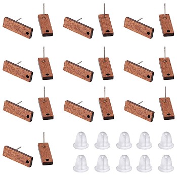 15 Pairs Walnut Wood Rectangle Stud Earring Findings, with 304 Stainless Steel Pin and 50Pcs Plastic Ear Nuts, Coconut Brown, 20x6.5mm, Hole: 1.6mm, Pin: 0.7mm