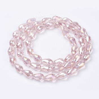Electroplate Glass Beads Strands, AB Color Plated, Faceted Teardrop, Pink, 15x10mm, Hole: 1mm, 50pcs/strand, 27.1 inch