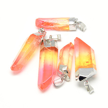 Natural Quartz Crystal Pointed Pendants, with Iron Findings, Plated Platinum, Nuggets, Dyed, Orange Red, 30~45x9~14x6~10mm, Hole: 6x3.5mm