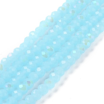 Electroplate Glass Beads Strands, Imitation Jade Beads, Half Plated, Rainbow Plated, Faceted, Rondelle, Light Sky Blue, 6x5mm, Hole: 1mm, about 85~88pcs/strand, 16.1~16.5 inch(41~42cm)