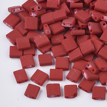 2-Hole Glass Seed Beads, Rubberized Style, Rectangle, Red, 5x4.5~5.5x2~2.5mm, Hole: 0.5~0.8mm