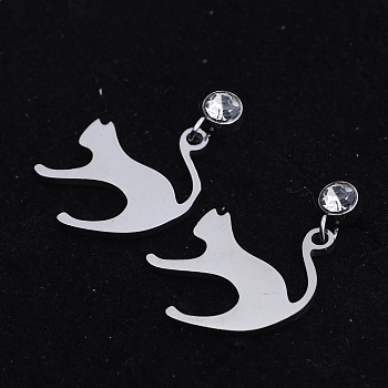 201 Stainless Steel Kitten Dangle Stud Earrings, with Clear Cubic Zirconia, Cat Silhouette, Stainless Steel Color, 24mm, Pin: 0.8mm