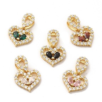 Rack Plating Brass Micro Pave Cubic Zirconia Charms, Long-Lasting Plated, Cadmium Free & Lead Free, Real 18K Gold Plated, Heart, Mixed Color, 14x15x3.5mm, Hole: 5.5x3mm