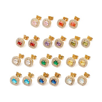 Cubic Zirconia & Rhinestone Square Stud Earrings, Ion Plating(IP) 304 Stainless Steel Jewelry for Women, Golden, Mixed Color, 10x10mm, Pin: 0.6mm