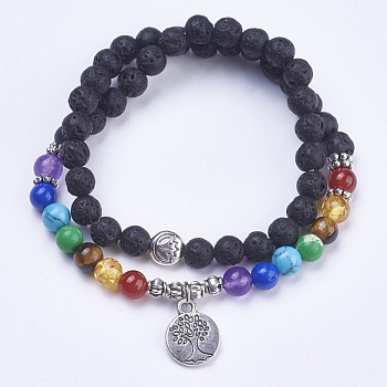 Chakra Jewelry, Natural Lava Rock Wrap Bracelets, with Mixed Stone and Alloy Findings, Flat Round with Tree, Antique Silver, 14-1/8 inch(36cm), Pendant: 15x12x1.5mm