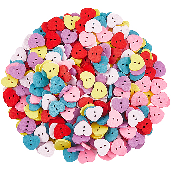 300Pcs 2-Hole Wood Buttons, Heart, 13x15x2.2mm, Hole: 1.4mm