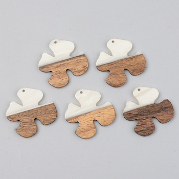 Opaque Resin & Walnut Wood Pendants, Flower,  Floral White, 38x38x3mm, Hole: 2mm