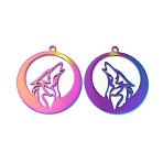 Ion Plating(IP) 304 Stainless Steel Pendants, Flat Round with Wolf Charm, Rainbow Color, 37x34x1.5mm, Hole: 2mm(STAS-L020-031RC)