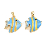 Brass Micro Pave Black Cubic Zirconia Pendants, with Enamel, Tropical Fish Charms, Cadmium Free & Lead Free, Long-Lasting Plated, Rack Plating, Real 18K Gold Plated, Blue, 20.5x19x4.5mm, Hole: 5x3mm(CU-CBA415D-08G-01)
