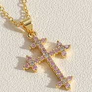 Real 14K Gold Plated Brass Cubic Zircon Pendant Necklace for Women, Cross, Pink, 17.72 inch(45cm)(PW-WG96421-05)