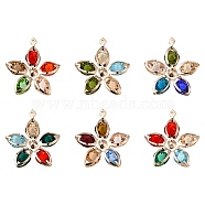 6Pcs Rack Plating Iron Glass Pendants, Light Gold Tone Flower Charms, Colorful, 33x30x7.5mm, Hole: 1mm(IFIN-YW0001-51)