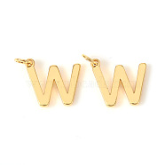 Brass Charms, with Jump Rings, Letter, Real 18K Gold Plated, Letter.W, W: 9.5x11x1mm, Hole: 2.5mm(KK-I672-01W-G)