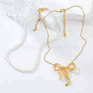 Fashionable Necklace Sets, Alloy Bowknot Pendant Necklace & Plastic Pearl Beaded Necklaces for Women, Golden, 16.77~17.09 inch(42.6~43.4cm), 2pcs/set(NJEW-K384-06G)