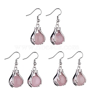 Natural Rose Quartz Palm Dangle Earrings, Platinum Brass Jewelry for Women, 38.5mm, Pin: 0.6mm(EJEW-A092-09P-18)
