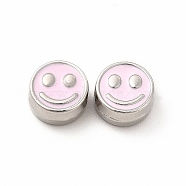 Rack Plating Alloy Enamel Beads, Cadmium Free & Nickel Free & Lead Free, Flat Round with Smiling Face Pattern, Platinum, Pearl Pink, 7.5x4mm, Hole: 2mm(FIND-G051-01P-04)