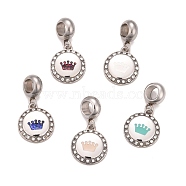 304 Stainless Steel Crystal Rhinestone European Dangle Charms, Large Hole Pendants, with Enamel and Fluorescence Slice, Stainless Steel Color, Flat Round with Crown, Mixed Color, 24mm, Hole: 4.5mm(STAS-F278-11P)