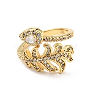 Cubic Zirconia Feather Open Cuff Ring, Real 18K Gold Plated Brass Jewelry for Women, Cadmium Free & Lead Free, Clear, US Size 6 1/4(16.7mm)(RJEW-E046-17G)