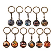 Alloy Keychain, with Glass, Flat Round with Halloween, Mixed Pattern, Antique Bronze, 80x25mm(KEYC-F028-68AB-M)