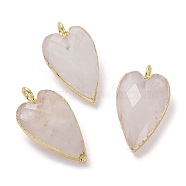 Natural Quartz Crystal Pendants, Rock Crystal Pendants, Faceted Heart Charms, with Golden Plated Brass Edge Loops, 22.5x13x7.5mm, Hole: 3mm(G-G012-12G-06)
