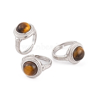 Natural Tiger Eye Round Adjustable Rings, Platinum Plated Brass Finger Rings for Women Men, Inner Diameter: 18mm(RJEW-K271-04P-12)