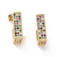Cubic Zirconia Rectangle Stud Earrings, Real 18K Gold Plated Brass Half Hoop Earrings for Women, Colorful, 17x5mm, Pin: 0.7mm(EJEW-C008-22G-02)