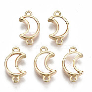 Brass Links Connectors, with White Sea Shell, Nickel Free, Moon, Real 18K Gold Plated, 12x7x2mm, Hole: 1.2mm(KK-S354-267-NF)