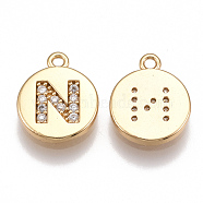 Brass Cubic Zirconia Charms, Flat Round with Letter, Nickel Free, Real 18K Gold Plated, Clear, Letter.N, 12x10x2mm, Hole: 1mm(KK-T038-194G-N)