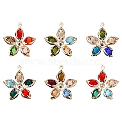 6Pcs Rack Plating Iron Glass Pendants, Light Gold Tone Flower Charms, Colorful, 33x30x7.5mm, Hole: 1mm(IFIN-YW0001-51)