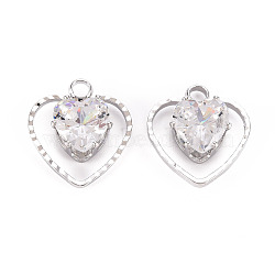 Brass Micro Pave Clear Cubic Zirconia Pendants, Cadmium Free & Nickel Free & Lead Free, Heart, Platinum, 16x14.5x6mm, Hole: 2mm(KK-Q253-001P-B)