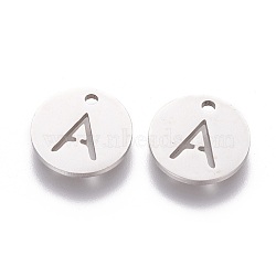 201 Stainless Steel Charms, Flat Round with Letter, Stainless Steel Color, Letter.A, 12x1mm, Hole: 1.5mm(STAS-Q201-T051-A)
