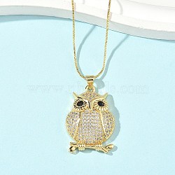 Brass Micro Pave Clear Cubic Zirconia Pendant Necklaces, Real 18K Gold Plated, Owl, 17.48 inch(44.4cm)(NJEW-D306-01G-C)