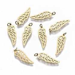 304 Stainless Steel Pendants, with Jump Rings, Laser Cut, Wing, Real 14K Gold Plated, 17x5.5x1mm, Jump Ring: 3x0.4mm, 2.2mm inner diameter(STAS-S116-054G)